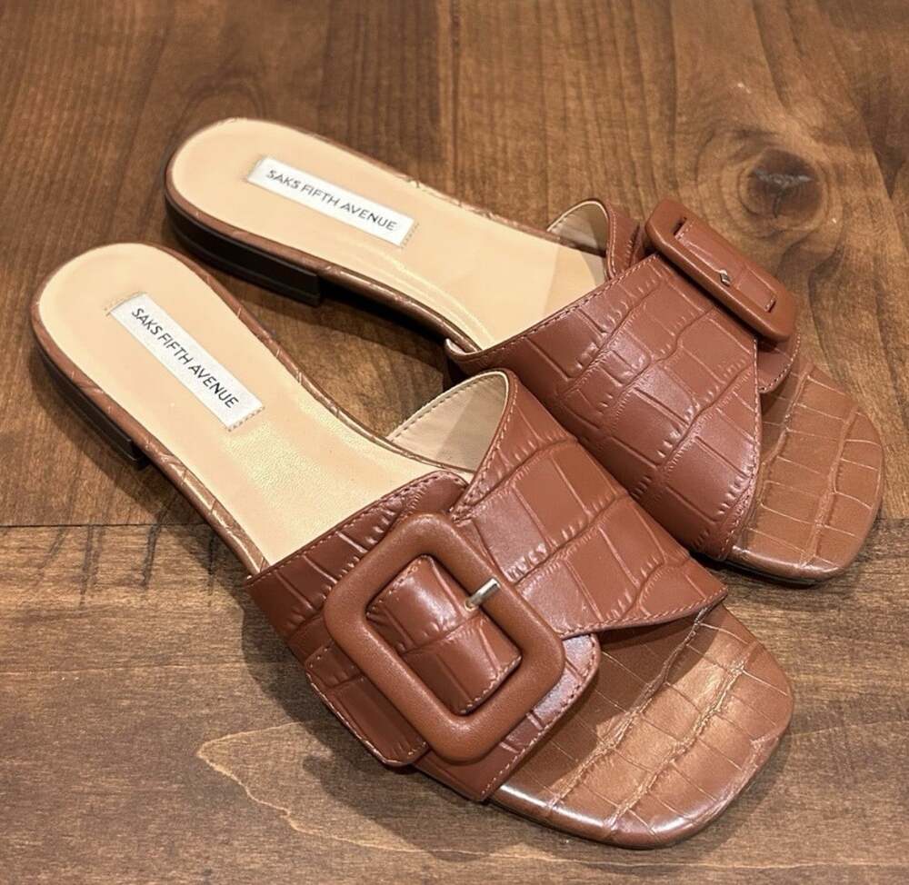 Saks Fifth Avenue Brown Leather Croc Embossed Buckle Slide Sandals Size 6.5